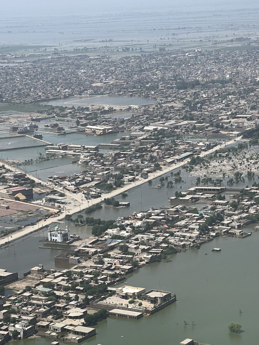 Aerial view of flooded towns in Sindh province during the 2022 Pakistan floods